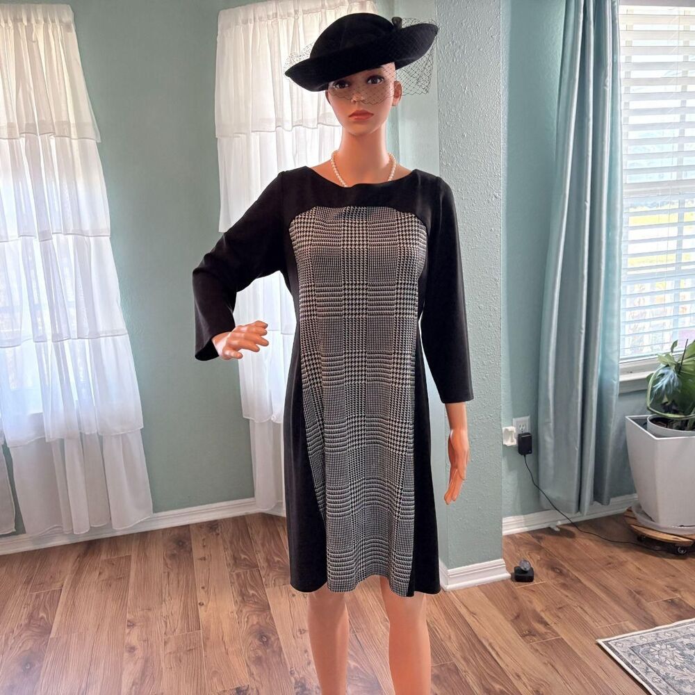 Evan-Picone Women's Black and Houndstooth Style Dress | Size 16 - Picture 5 of 7